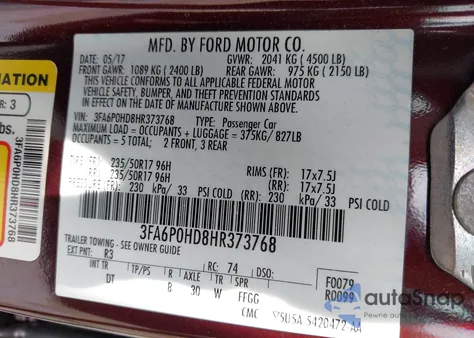2017 Ford Fusion Se z USA, uszkodzony, nr VIN 3FA6P0HD8HR373768